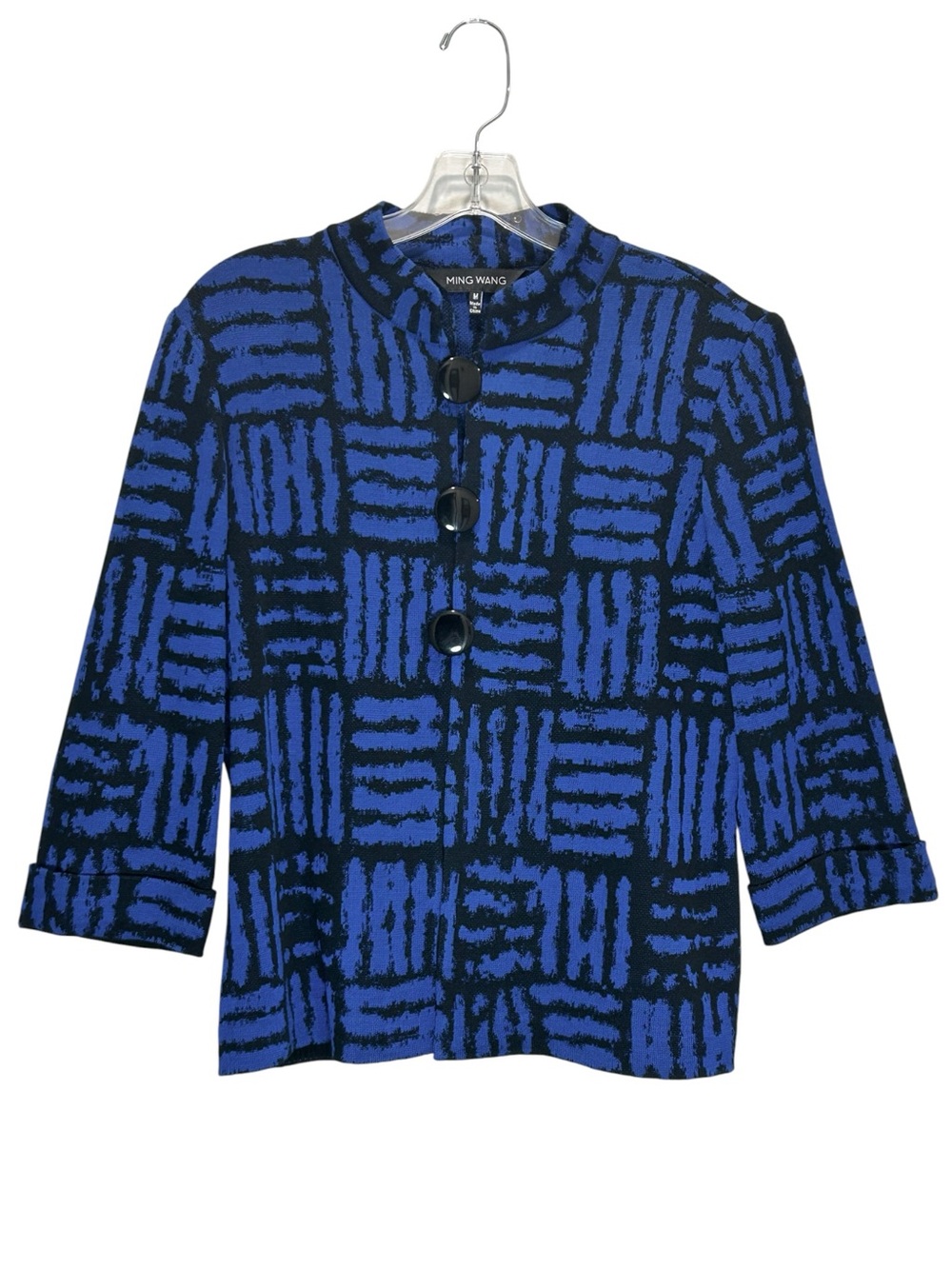 Ming Wang Royal Blue & Black Asian-Inspired Knit Jacket - Medium